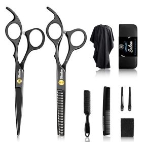 10 PCS Hair Cutting Scissors Set, Professional Haircut Scissors Kit with Cutting Scissors, Thinning Shears, Comb, Cape, Clips (Color: Black)